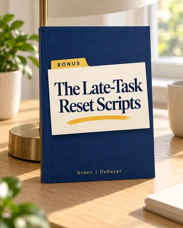 The bonus, The Late-Task Reset Scripts, standing on a desk against a lamp.