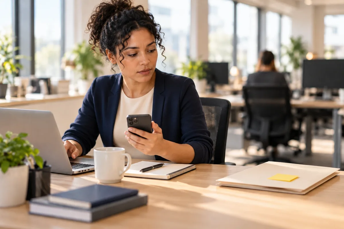 A woman at an office desk answers a message on her phone while typing, with one closed folder set apart on the desk, untouched.